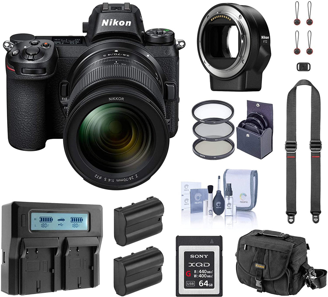 Nikon Z6 FX-Format Mirrorless Digital Camera w/NIKKOR Z 24-70mm f/4 S Lens, Complete Bundle with FTZ Mount Adapter, 64GB XQD Card, 2 Extra Battery and Accessories