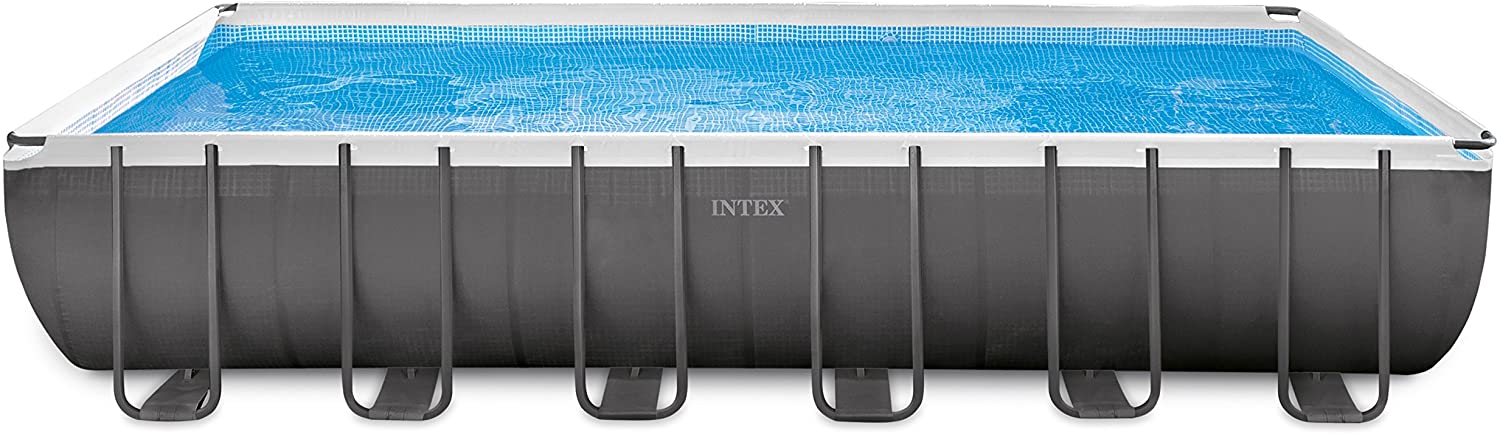 Intex 24ft X 12ft X 52in Ultra Frame Rectangular Pool Set with Sand Filter Pump & Saltwater System, Ladder, Ground Cloth, Pool Cover, Deluxe Maintenance Kit & Volleyball Set