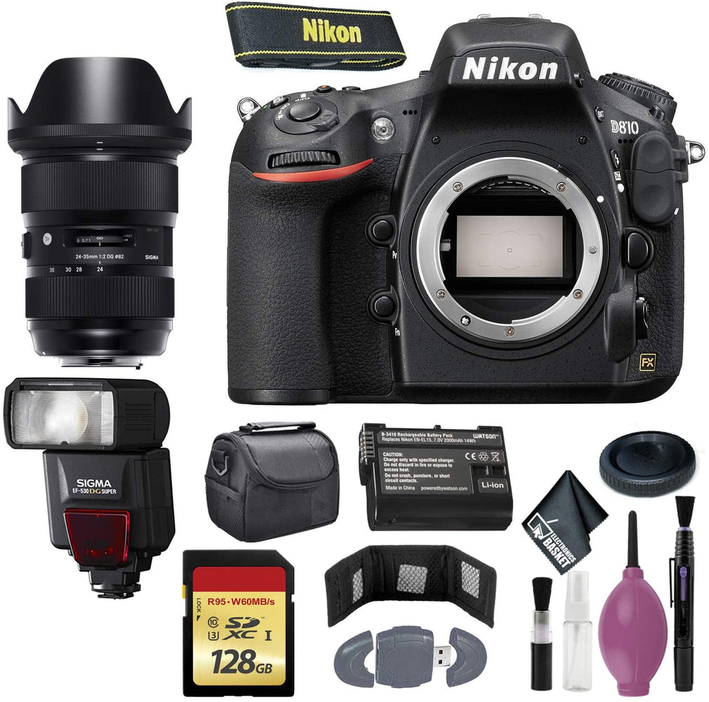 Nikon D810 DSLR Camera (Body Only) (International Model) - 128GB - Case - EN-EL15 Battery - EF530 ST & 24-35mm f/2 DG HSM Art Lens