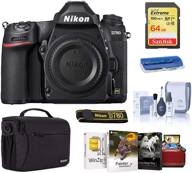 Nikon D780 FX-Format DSLR Camera Body Only Bundle with Case, 64GB SD Card, Mac Software Pack, Cleaning Kit, Card Reader