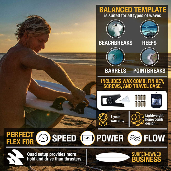 Ho Stevie! Quad Surfboard Fins (4 Fins) - FCS or Future Sizes, with Fin Bag, Screws, Wax Comb and Fin Key