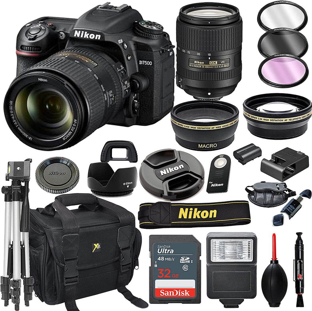 Nikon D7500 DSLR Camera with 18-300mm VR Lens + 32GB Card, Tripod, Flash, and More (20pc Bundle)