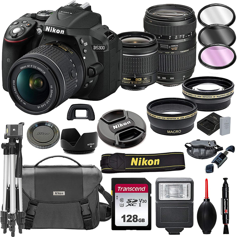 Nikon D5300 DSLR Camera with 18-55mm VR + Tamron 70-300mm + 128GB Card, Tripod, Flash, and More (20pc Bundle)