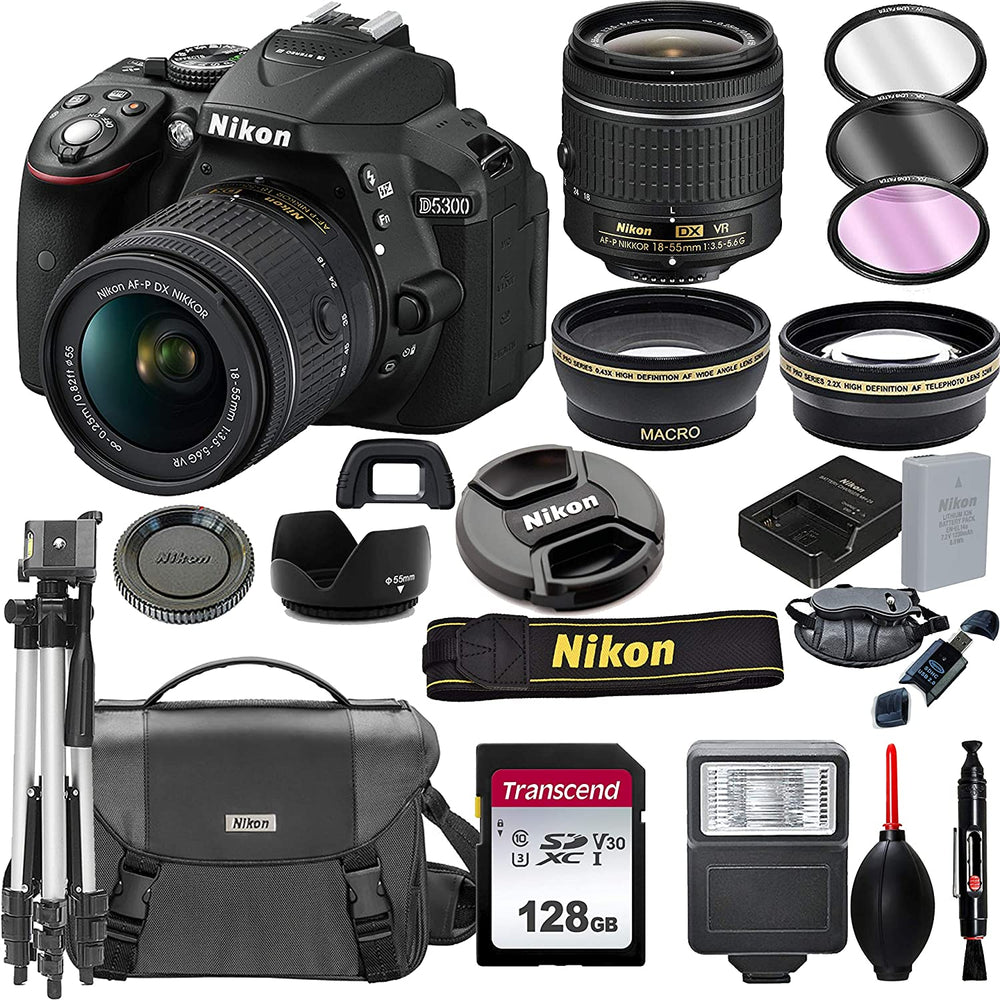 Nikon D5300 DSLR Camera with 18-55mm VR Lens + 128GB Card, Tripod, Flash, and More (20pc Bundle)