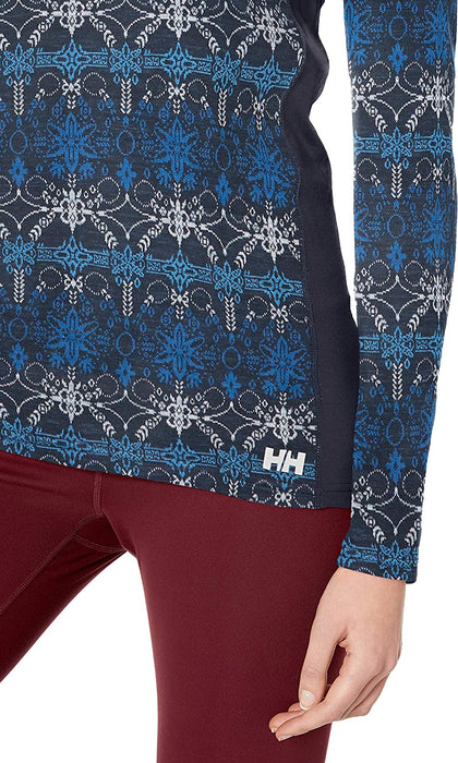 Helly-Hansen Womens Hh Merino Mid Graphic Print 1/2 Zip Lightweight Long-Sleeve Thermal Baselayer Top
