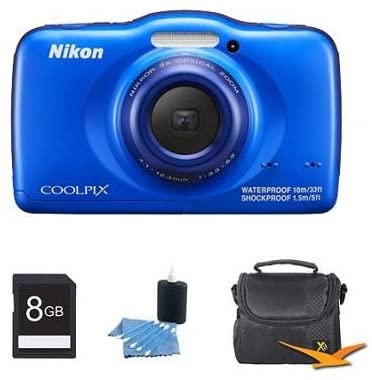 Nikon COOLPIX S32 13.2MP Waterproof Shockproof Dustproof Digital Camera Blue Kit Includes Camera, Memory Card, Bag and Cleaning kit