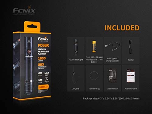 Fenix PD36R 1600 Lumen Type-C USB rechargeable LED tactical Flashlight, 2 X batteries with EdisonBright charging cable carry case bundle