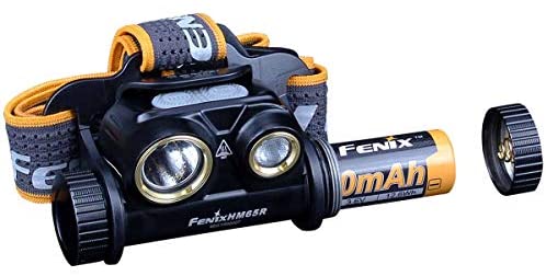 Fenix HM65R 1400 lumen dual beam LED Headlamp, high capacity battery with EdisonBright battery carry case bundle