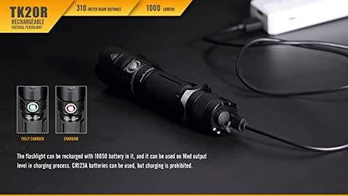 Fenix TK20R 1000 Lumens High Capacity USB Rechargeable LED Tactical Flashlight with 1x Rechargeable Battery and 2x Backup LumenTac CR123A Batteries