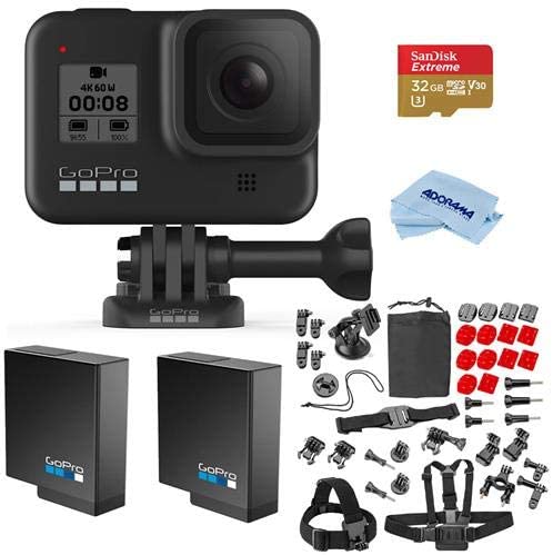 GoPro HERO8 Black - Bundle with 32GB MicroSDHC Card, 2 Pack Rechargeable Battery, Froggi Extreme Sport Action Camera Accessory Set, Microfiber Cloth