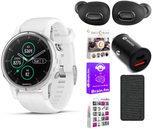 Garmin Fenix 5S Plus Sapphire Multisport GPS Watch (White with Carrera White Band) Performance Bundle (5 Items)