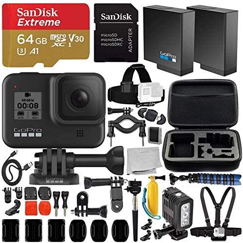 GoPro HERO8 Hero 8 Black Action Camera and Deluxe Accessory Bundle - Includes: SanDisk Extreme 64GB microSDHC Memory Card + Premium Hard Case + Underwater LED Light & Much More