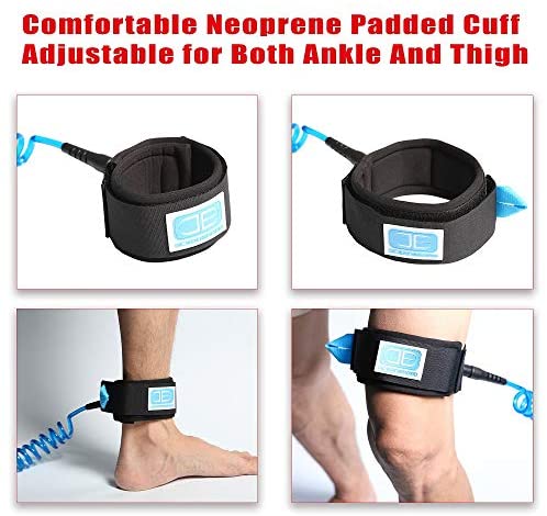 OCEANBROAD 10' Coiled Leash for Paddle Board Surfboard SUP Leash Leg Rope with Adjustable Thigh Ankle Cuff