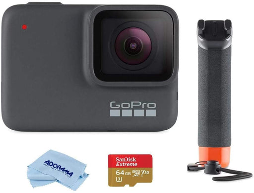 GoPro HERO7 Silver - Waterproof Digital Sports and Action Camera with Touch Screen 4K HD Video 10MP Photos, Bundle with Floating Hand Grip, 2 Extra Batteries + 64GB microSD Card + Cleaning Cloth