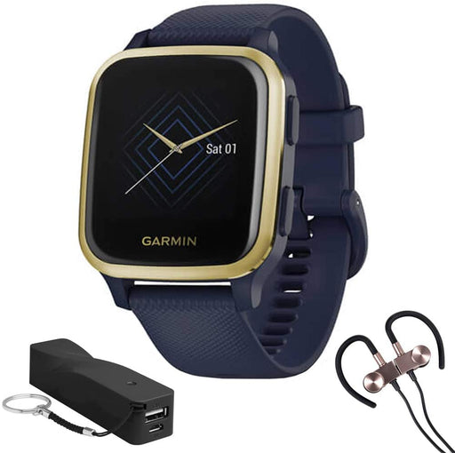 Garmin 010-02426-01 Venu SQ Music Edition - Light Sand with Rose Gold Bezel Bundle with Deco Essentials 2600mAh Portable Power Bank (Black Twist) and Deco Gear Magnetic Wireless Sport Earbuds