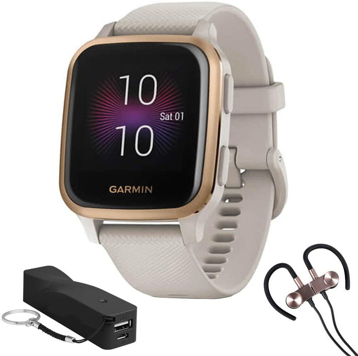 Garmin 010-02426-01 Venu SQ Music Edition - Light Sand with Rose Gold Bezel Bundle with Deco Essentials 2600mAh Portable Power Bank (Black Twist) and Deco Gear Magnetic Wireless Sport Earbuds