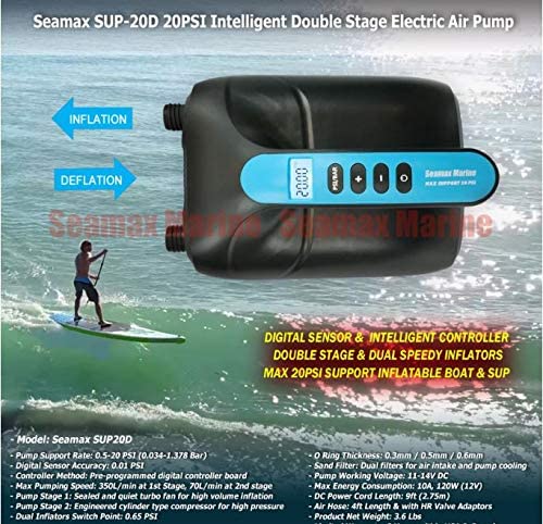 Seamax SUP20D 20PSI Double Stage Electric Air Pump for Inflatable SUP and Boat, New Version Intelligent Firmware with Built-in Temperature Sensor and Voltage Protection