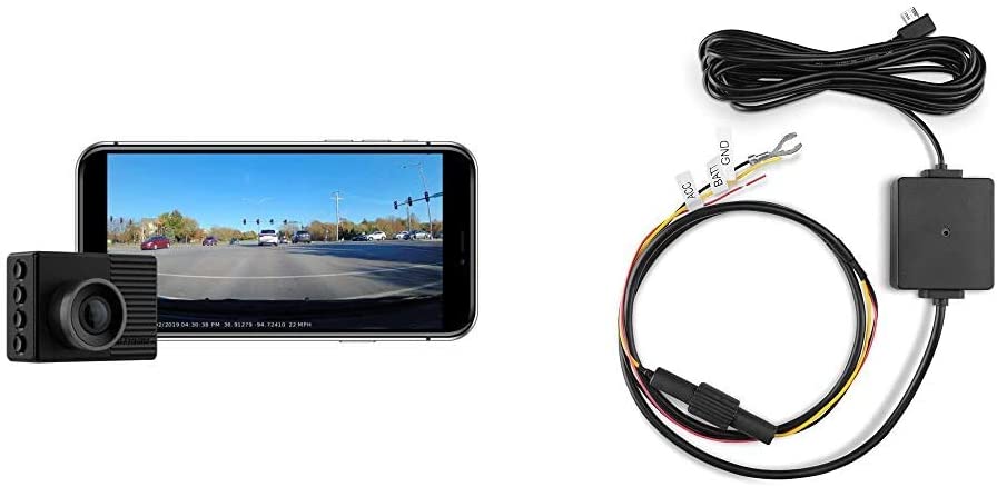 Garmin Dash Cam 46, Wide 140-Degree Field of View in 1080P HD, Very Compact with Automatic Incident Detection and Recording & 010-12530-03 Parking Mode Cable, 6.60" x 2.70" x 2.00", Black
