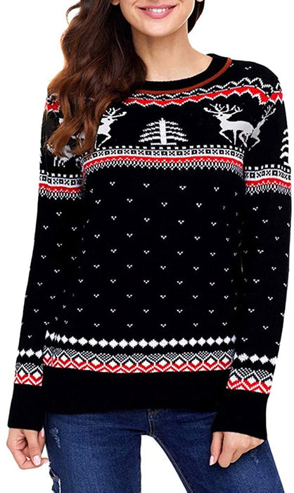 Hengshikeji Ugly Christmas Sweater Women Xmas Snowflake Elk Floral Printed Sweatshirt Plus Size Blouse Tops