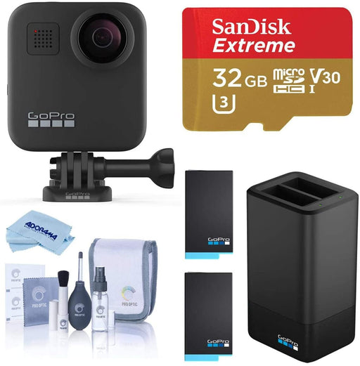 GoPro MAX Waterproof 360 Camera + Hero Style Video, 5.6K30 UHD Video 16.6MP Photos Power Bundle with Dual Charger, 2 Extra Battery, 32GB microSD Card, Cleaning Kit