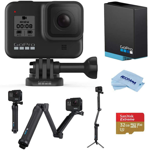 GoPro HERO8 Black, Waterproof Action Camera with Touch Screen 4K UHD Video 12MP Photos, Selfie Stick Bundle with GoPro 3-Way 3-in-1 Mount, Battery, 32GB microSD Card, Microfiber Cloth