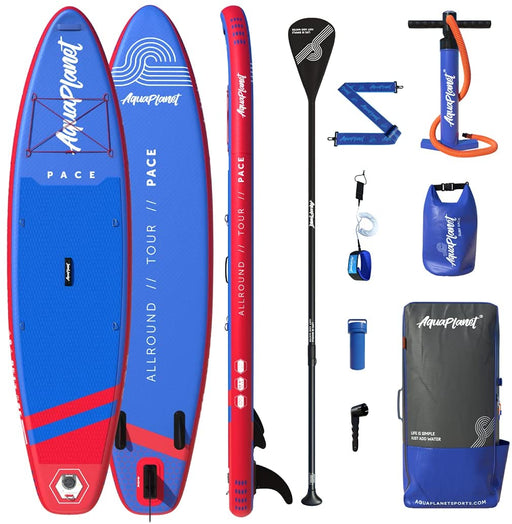 Aquaplanet 10ft 6" x 15cm PACE Stand Up Paddleboard - Incl: SUP, Hand Air Pump w/Pressure Gauge, Adjustable Aluminum Floating Paddle, Repair Kit, Rucksack, Coiled Leash & 4 Kayak Seat Ring Fittings