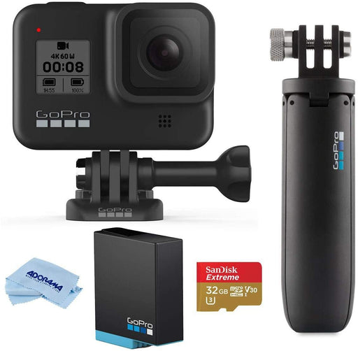 GoPro HERO8 Black, Waterproof Action Camera with Touch Screen 4K UHD Video 12MP Photos, Bundle with GoPro Shorty Mini Extension Pole/Tripod, Battery, 32GB microSD Card, Microfiber Cloth