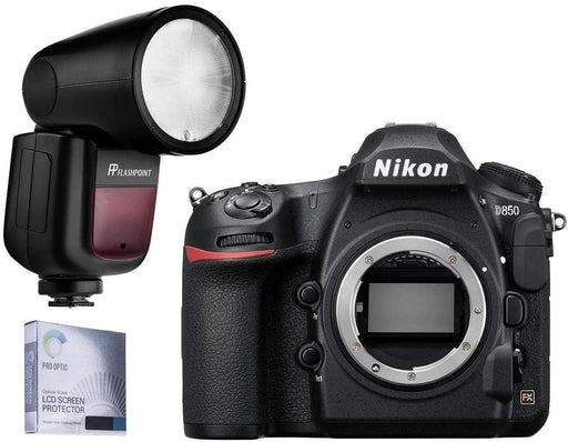 Nikon D850 DSLR Camera Body - with Flashpoint Zoom Li-on X R2 TTL On-Camera Round Flash Speedlight, Screen Protector