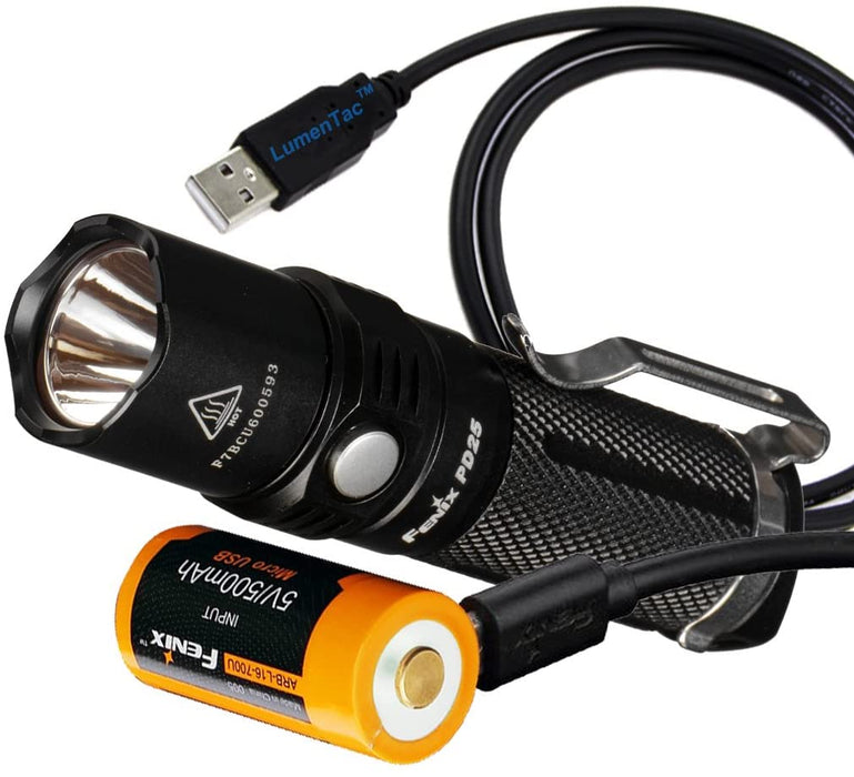 Fenix PD25 550 Lumens CREE XP-L LED Pocket Flashlight with Fenix Rechargeable Battery (Built-In USB Charging Port) and LumenTac Charging Cable