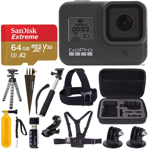 GoPro HERO8 Black Waterproof Action Camera w/Touch Screen 4K HD Video 12MP Photos + Sandisk Extreme 64GB Micro Memory Card + Hard Case + Head Strap + Chest Strap + Gopro Hero 8 - Top Value Accessories