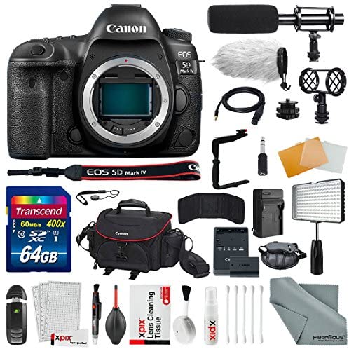 Canon EOS 5D Mark IV DSLR Camera (Body Only) +Pro Broadcast-Quality Interview Condenser Shotgun Microphone & Professional Portable LED Light Kit Along with Xpix Cleaning Accessories