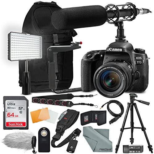 Canon EOS Rebel 77D DSLR Camera with EF-S 18-55mm f/4-5.6 is Lens Complete Premium Video Kit w/ 64GB + Professional Shotgun Microphone + Pro Video 160 LED Light + Deluxe Accessory Bundle