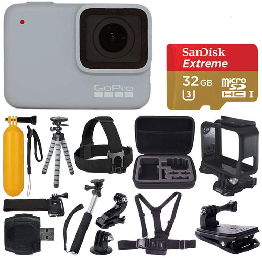 GoPro Hero 7 (White) Waterproof Digital Action Camera + Sandisk Extreme 32GB MicroSD Memory Card + Medium Case + Flexible Tripod + Head & Chest Strap + Monopod + Floating Handle + Wrist Strap + Clamp