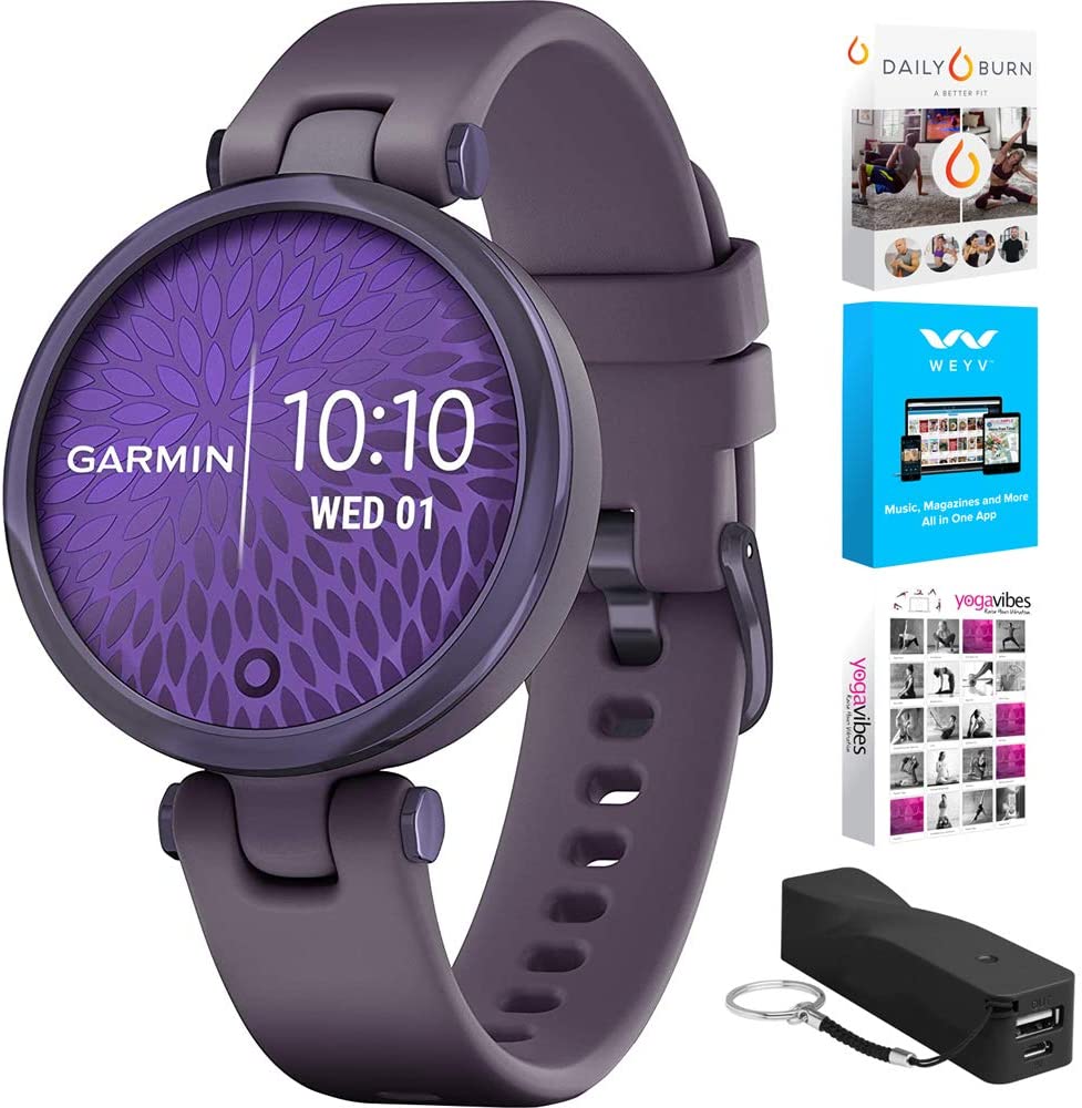 Garmin 010-02384-02 Lily Sport Edition, Midnight Orchid Bezel with Deep Orchid Case & Silicone Band Bundle with Deco Essentials 2600mAh Power Bank and Tech Smart USA Fitness & Wellness Suite