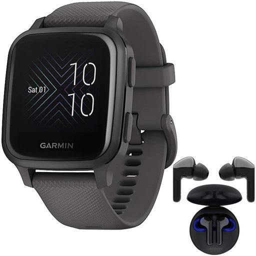 Garmin 010-02427-00 Venu Sq, Slate Aluminum Bezel with Shadow Gray Case and Silicone Bundle with LG Tone Free HBS-FN6 True Wireless Earbuds Bluetooth Meridian Audio w/UVnano Case
