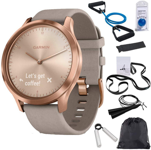 Garmin Vivomove HR Premium Rose Gold w/Gray Suede Band + Extra Band Granite Blue (010-01850-19) with Deco Gear 7-Piece Fitness Kit