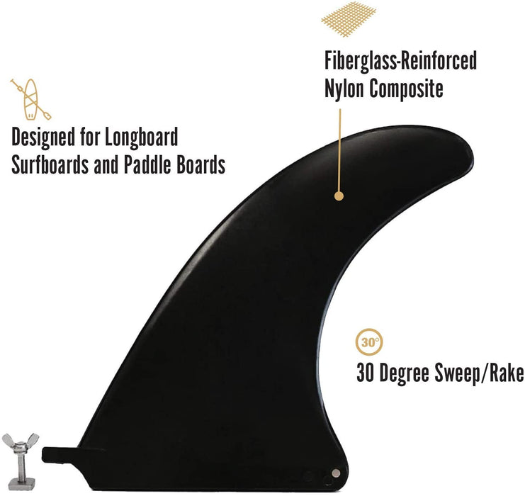 South Bay Board Co. - Surf & SUP 9" Single FCS Slot Fin in Black for Longboard Surfboards & Stand Up Paddleboards - Includes Fin, Screw & Screw Nut Plate