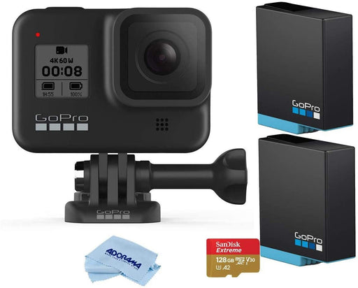GoPro HERO8 Black, Waterproof Digital Sports and Action Camera with Touch Screen 4K UHD Video 12MP Photos, Essential Bundle with 2 Extra Batteries, 128GB microSD Card, Cleaning Cloth