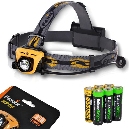 Fenix HP05 350 Lumen CREE XP-G R5 LED Headlamp (Orange) with six AA Alkaline batteries including three EdisonBright AA batteries