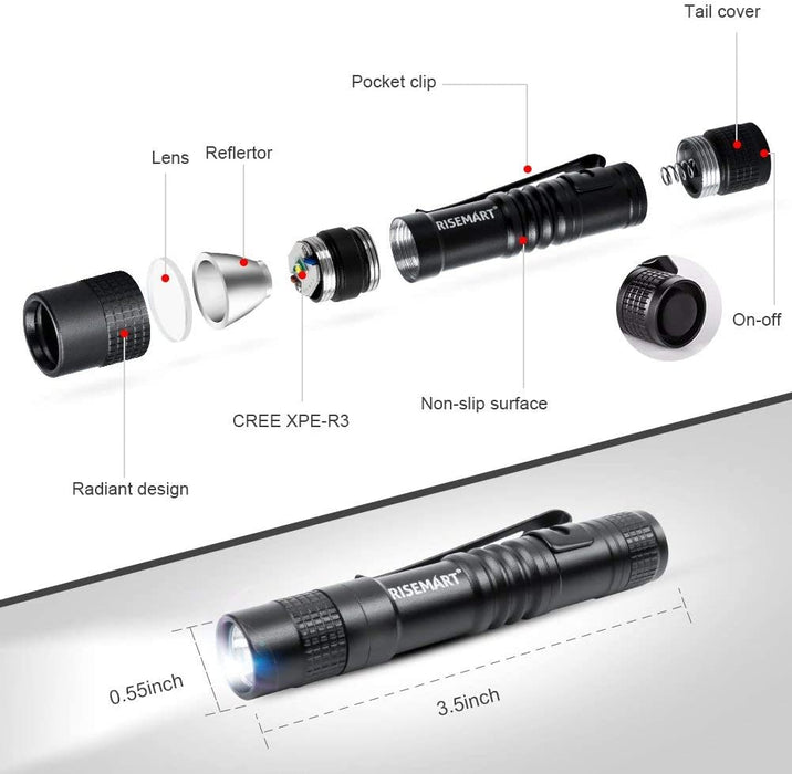RISEMART Super Small Mini Flashlight AAA CREE XPE-R3 100 Lumens Ultra Bright LED Pen light Pocket Clip Tactical Torch Lamp (3.5inch 2pack)