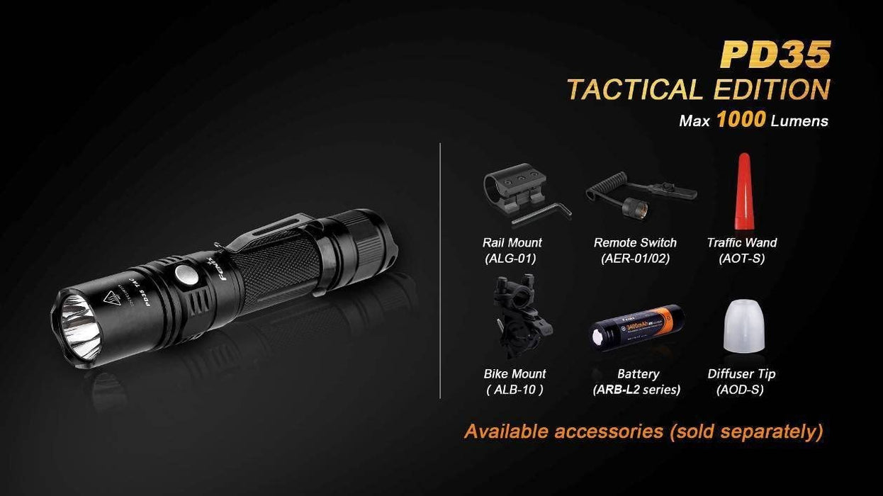 Fenix PD35 TAC 1000 Lumen CREE LED Tactical Flashlight AR102 Pressure Switch with Two EdisonBright CR123A Lithium Batteries
