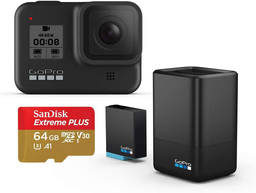 GoPro HERO8 Black Camera with Official Extra GoPro Battery (2 Batteries Total) and GoPro Dual Battery Charger and 64GB Sandisk SD Card Bundle