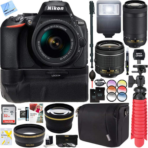 Nikon D5600 24.2 MP DX-Format DSLR Camera with AF-P 18-55mm VR & 70-300mm Lens Kit + 32GB Battery Grip Accessory Bundle