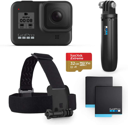 GoPro HERO8 Black Bundle - Includes HERO8 Black Camera, Shorty, Head Strap, 32GB SD Card, and 2 Rechargeable Batteries