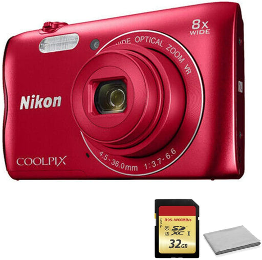 Nikon A300 Coolpix Camera (Red) with 32 GB Memory Card-International Model