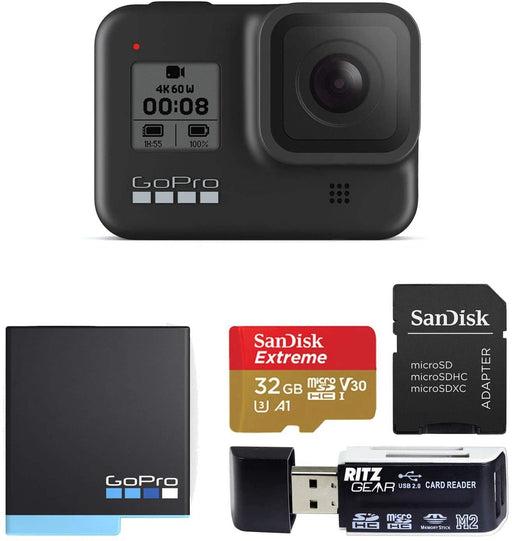 GoPro Hero8 Black Action Camera with Accessory Bundle - Sandisk 32gb U3 Video Memory Card, GoPro Hero 8 Spare Battery and Ritz Gear Card Reader