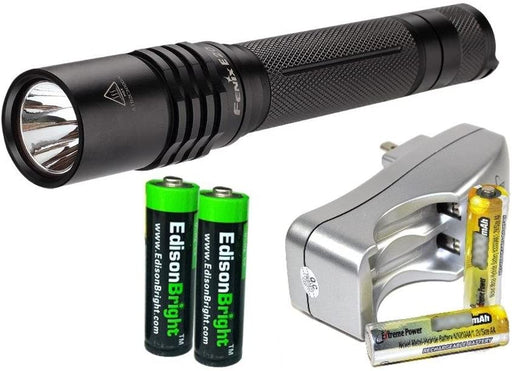 Fenix E20 2015 265 Lumen XP-E2 LED tactical Flashlight with two NiMH rechargeable AA Batteries, Charger & Two EdisonBright AA Alkaline batteries