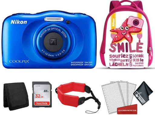 Nikon Coolpix W150 Kid-Friendly Rugged Waterproof Digital Camera (Blue) Bundle with Pink Backpack + 32GB SanDisk Memory Card + More (International Model)