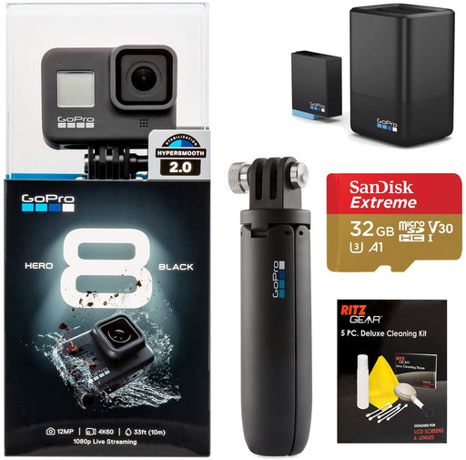 GoPro Hero 8 Black Action Camera + GoPro Dual Battery Charger with Extra Original Battery (HERO8 Black) + Gopro Shorty Tripod + 32GB U3 Memory Card + Ritz Gear 5 Piece Cleaning Kit