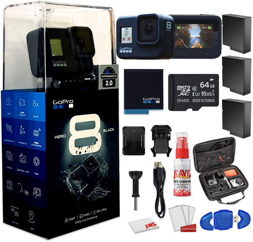 GoPro HERO8 Black Digital Action Camera - Waterproof, Touch Screen, 4K UHD Video, 12MP Photos Live Streaming, Stabilization - with Cleaning Set + Case + 64GB Memory Card and 3 x Extra Batteries